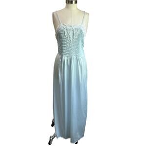 Vintage Light Blue Barbizon Smocked Bodice Danity Full Sweep Night Gown Sz L